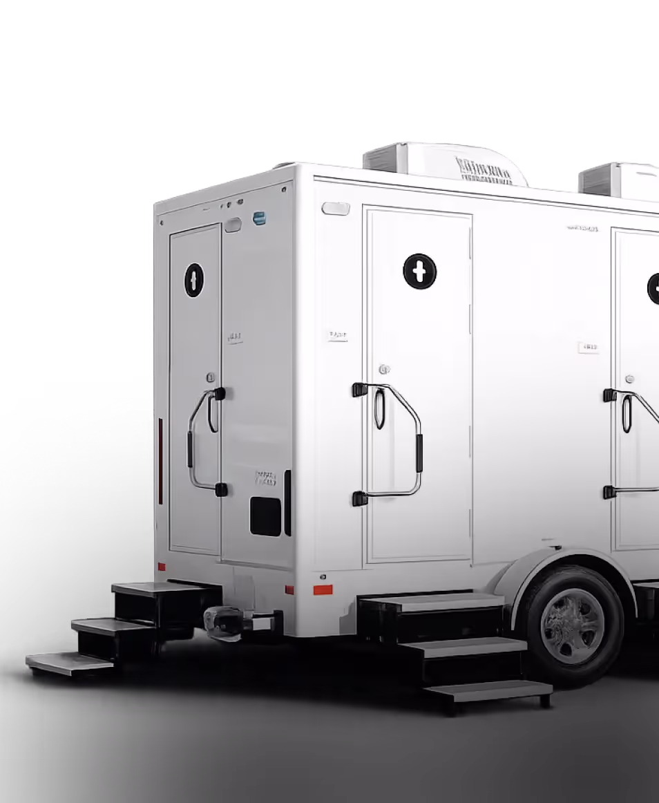 Portable restroom trailer with four doors and steps, designed for outdoor events.